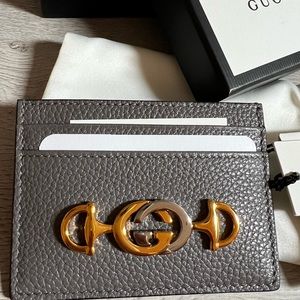GUCCI Wallet CARD CASE ZUMI Logo GRAY Grain LEATHER MINI WALLET